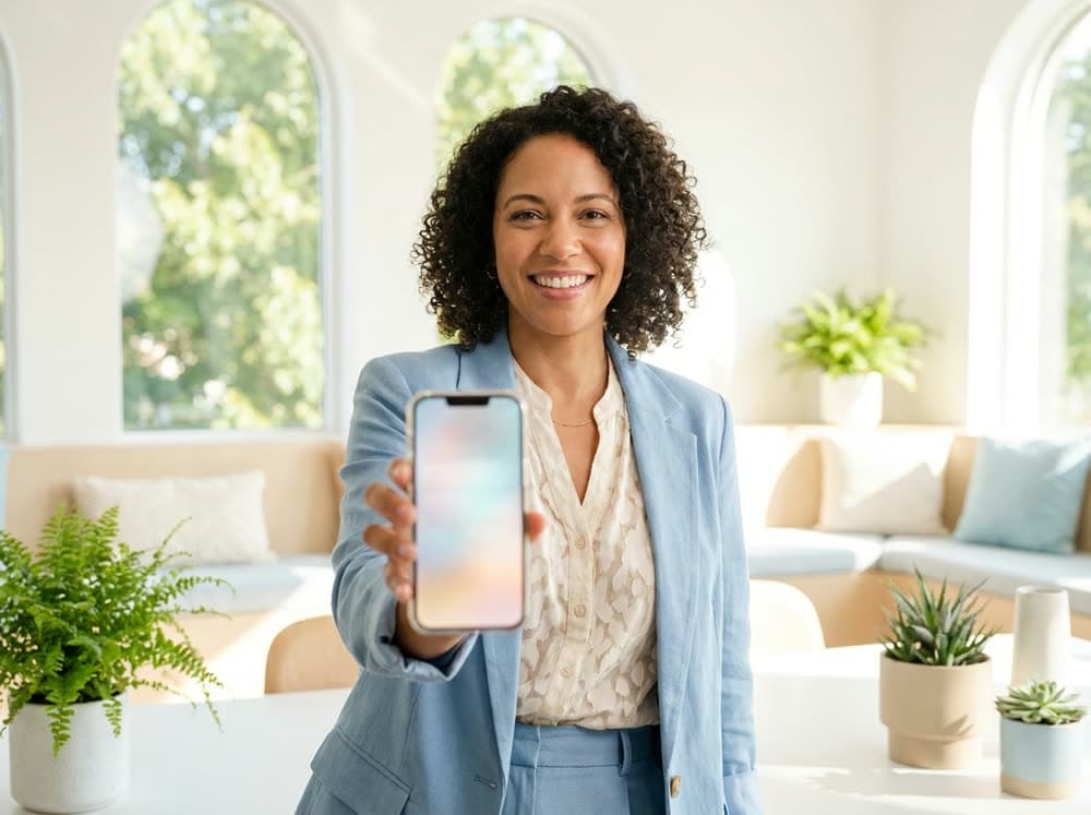 A business owner building her digital card on her phone